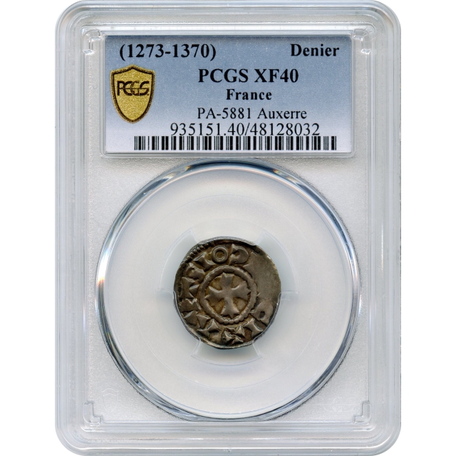 World Silver France - 1273-1370 Denier, Comte d'Auxerre PCGS XF40