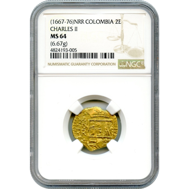 World Gold - 1667-1676 2 Escudos Charles II Colombia, NNR Mint NGC MS64 - Sole Finest Known!