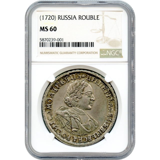 World Silver - 1720 (No Date) Russia Rouble Peter I (the Great) NGC MS60