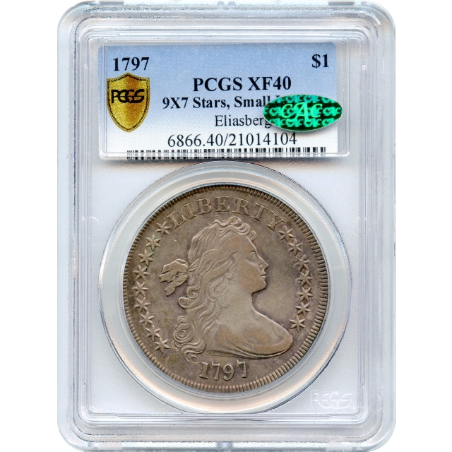 1797 $1 Draped Bust Silver Dollar, 9X7 Small Letters PCGS XF40 (CAC) Ex. Eliasberg