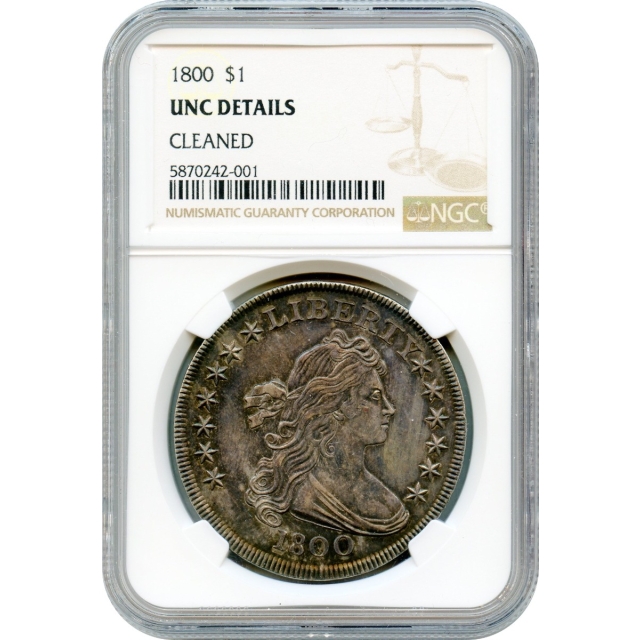 1800 $1 Draped Bust Silver Dollar, Large Eagle BB- NGC UNC Details