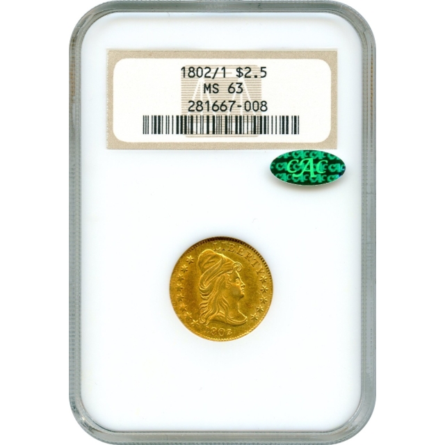 1802/1 $2.50 Draped Bust Quarter Eagle NGC MS63 (CAC)