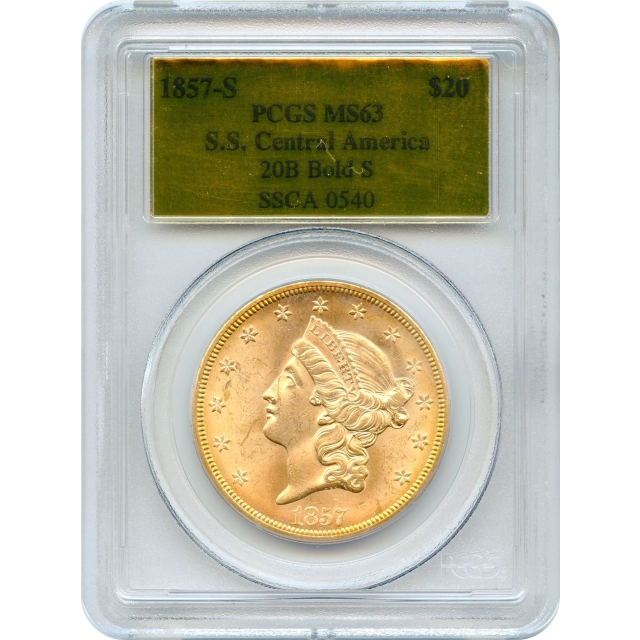 1857-S $20 Liberty Head Double Eagle, 20B PCGS MS63 Ex. SS Central America