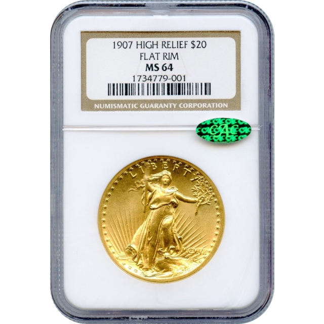 1907 $20 Saint Gaudens Double Eagle, High Relief Flat Rim NGC MS64 (CAC)