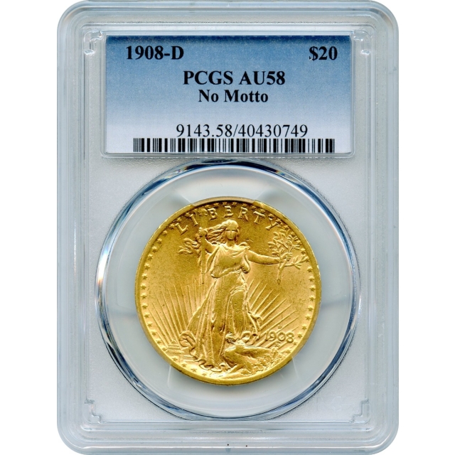 1908-D $20 Saint Gaudens Double Eagle, No Motto PCGS AU58