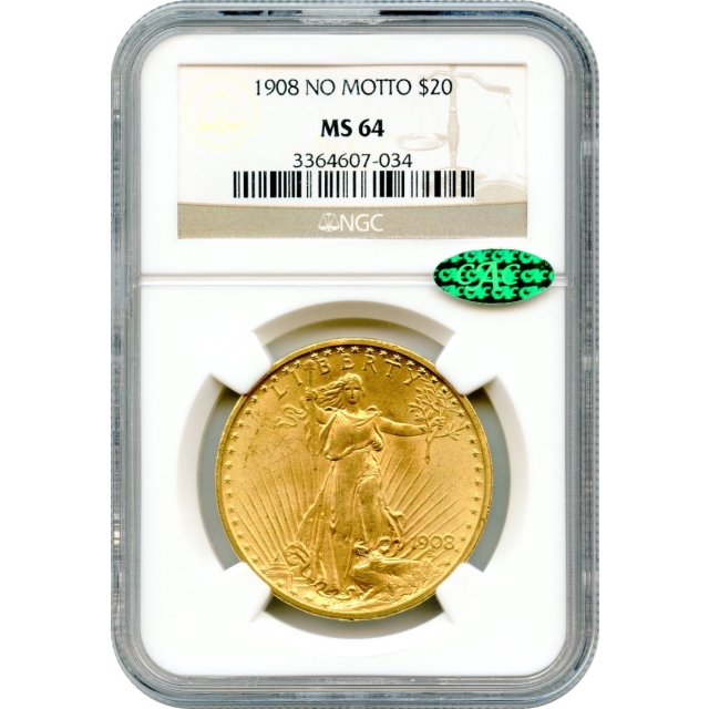 1908 $20 Saint Gaudens Double Eagle, No Motto NGC MS64 (CAC)
