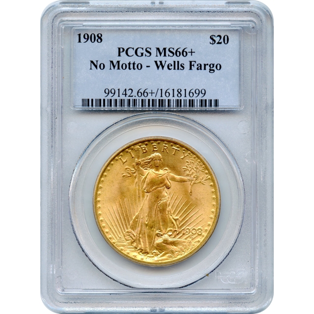 1908 $20 Saint Gaudens Double Eagle, No Motto PCGS MS66+ Ex. Wells Fargo Hoard