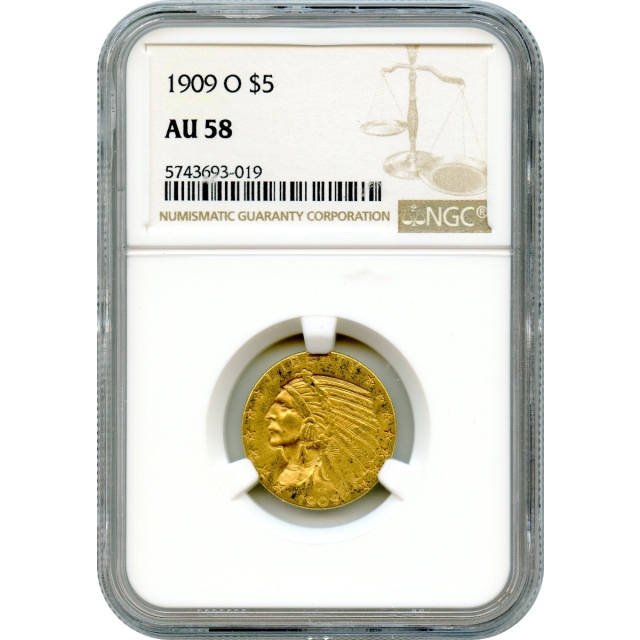 1909-O $5 Indian Head Half Eagle NGC AU58