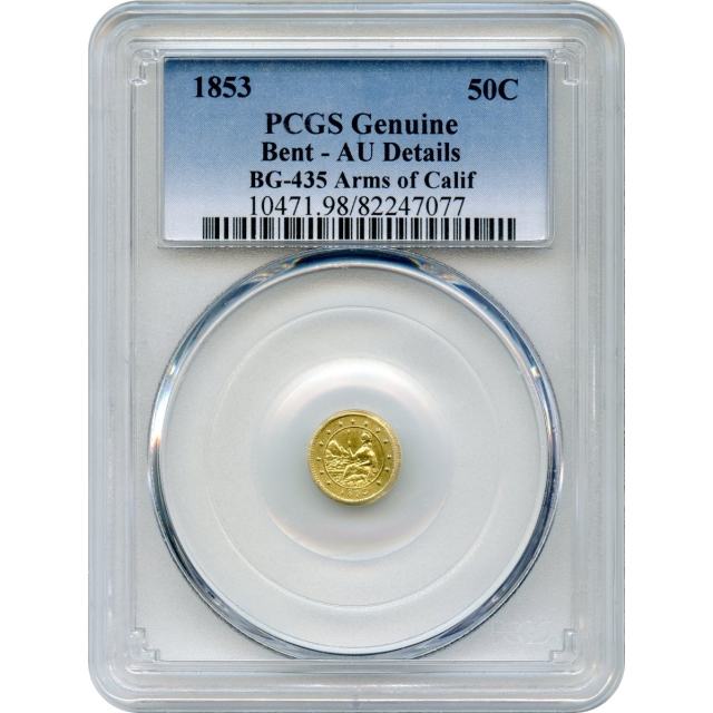 BG- 435, 1853 California Gold Rush Circulating Fractional Gold 50C, Round 'Arms of California' PCGS AU Details R5-