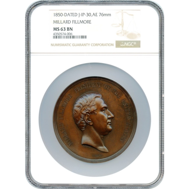 Indian Peace Medal - 1850 Millard Fillmore,  J-IP-30 AE 76mm NGC MS63