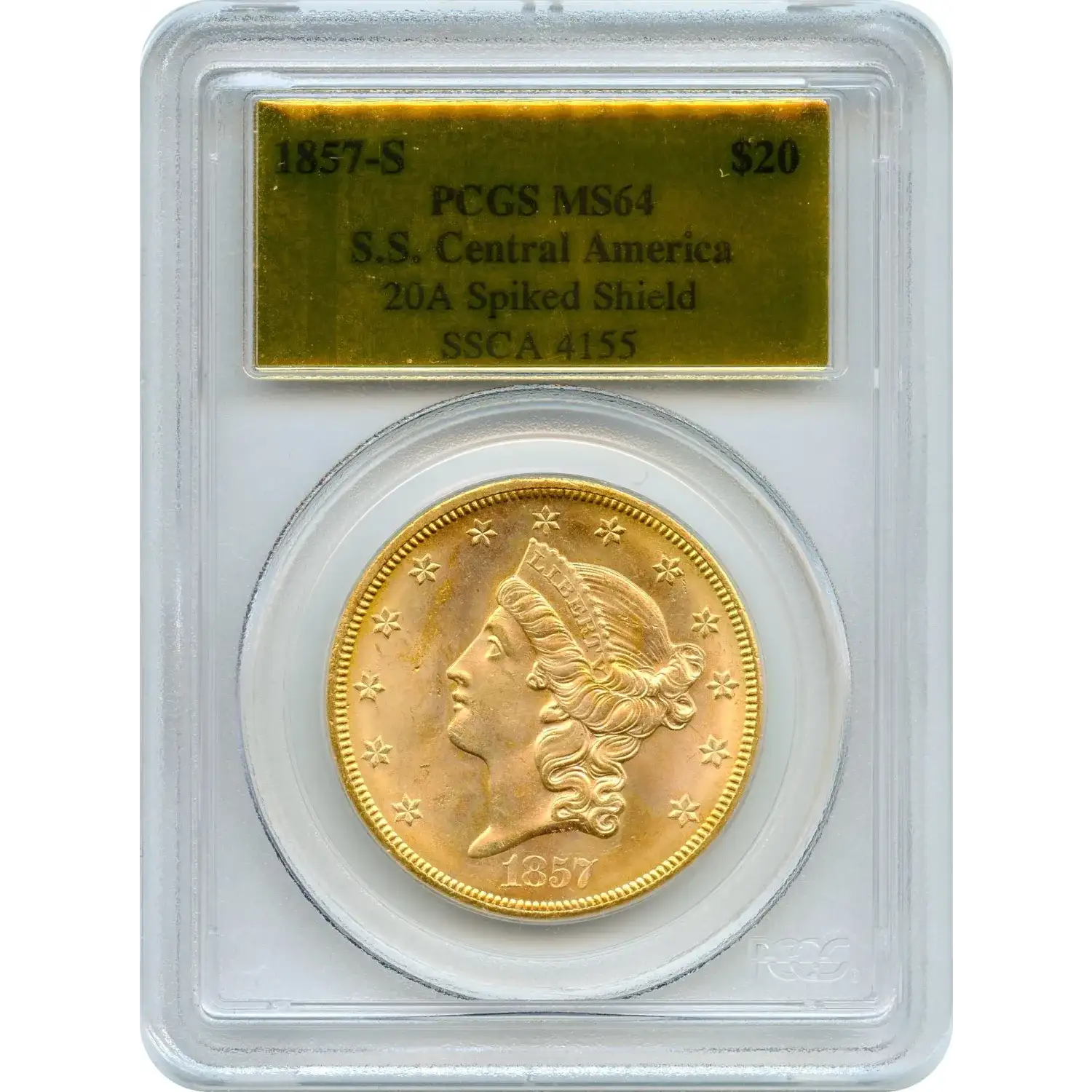 1857-S $20 Liberty Head Double Eagle PCGS MS-64 20A Spiked Shield, Ex.SS Central America #4155