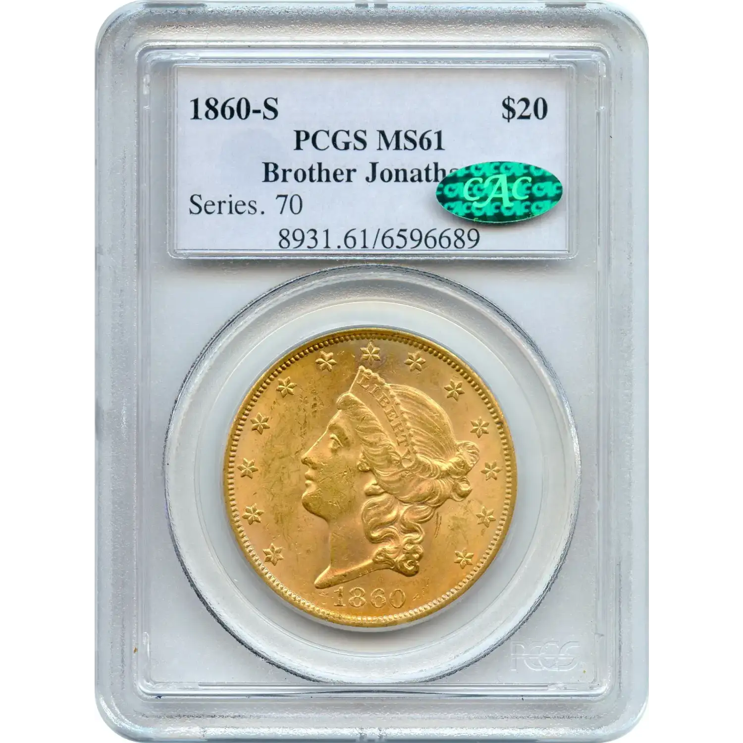 1860-S $20 Liberty Head Double Eagle PCGS MS-61 Ex.SS Brother Jonathan CAC