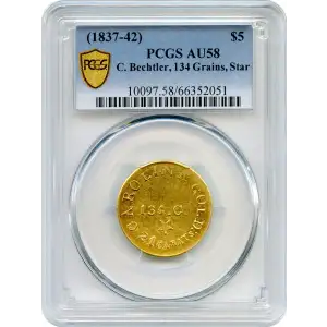 (1837-42) $5 C. Bechtler, 134 Grains, Star (5)