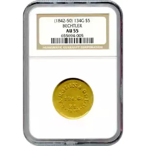 $5 GOLD A.BECHTLER, CAROLINA. 134.G: 21. ct RUTHERFORD. no star, reeded edge. (3)