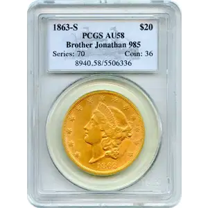 1863 S $20 Liberty Head Double Eagle PCGS AU-58 Ex.SS Brother Jonathan #985 (3)