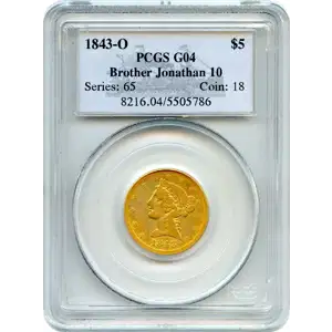 1843 O $5 Liberty Head Half Eagle PCGS G-4 Ex.SS Brother Jonathan #10